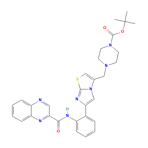 tert-butyl 4-[[6-[2-(quinoxaline-2-carbonylamino)phenyl]imidazo[2,1-b][1,3]thiazol-3-yl]methyl]piperazine-1-carboxylate (CAS: 925436-46-0) - Related Chemical Product