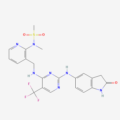 N-methyl-N-[3-[[[2-[(2-oxo-1,3-dihydroindol-5-yl)amino]-5-(trifluoromethyl)pyrimidin-4-yl]amino]methyl]pyridin-2-yl]methanesulfonamide (CAS: 717907-75-0) - Chemical Structure and Molecular Formula 