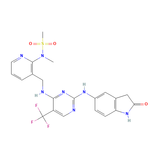 N-methyl-N-[3-[[[2-[(2-oxo-1,3-dihydroindol-5-yl)amino]-5-(trifluoromethyl)pyrimidin-4-yl]amino]methyl]pyridin-2-yl]methanesulfonamide (CAS: 717907-75-0) - Related Chemical Product