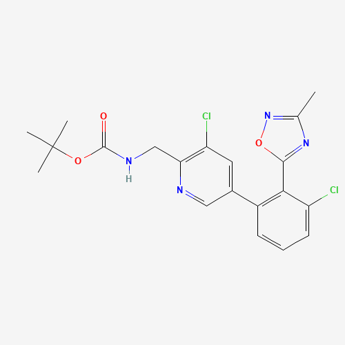 tert-butyl N-[[3-chloro-5-[3-chloro-2-(3-methyl-1,2,4-oxadiazol-5-yl)phenyl]pyridin-2-yl]methyl]carbamate (CAS: 1048974-36-2) - Chemical Structure and Molecular Formula 