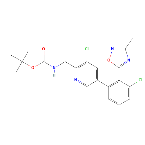 tert-butyl N-[[3-chloro-5-[3-chloro-2-(3-methyl-1,2,4-oxadiazol-5-yl)phenyl]pyridin-2-yl]methyl]carbamate (CAS: 1048974-36-2) - Chemical Structure and Molecular Formula 