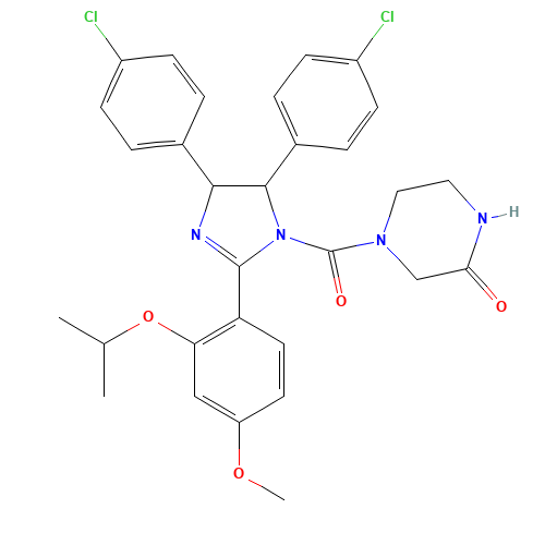 4-[4,5-bis(4-chlorophenyl)-2-(4-methoxy-2-propan-2-yloxyphenyl)-4,5-dihydroimidazole-1-carbonyl]piperazin-2-one (CAS: 890090-75-2) - Chemical Structure and Molecular Formula 