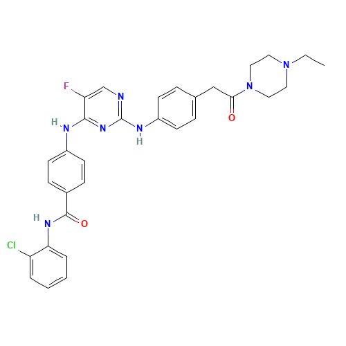 N-(2-chlorophenyl)-4-[[2-[4-[2-(4-ethylpiperazin-1-yl)-2-oxoethyl]anilino]-5-fluoropyrimidin-4-yl]amino]benzamide (CAS: 1158838-45-9) - Chemical Structure and Molecular Formula 