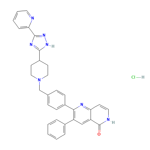 3-phenyl-2-[4-[[4-(3-pyridin-2-yl-1H-1,2,4-triazol-5-yl)piperidin-1-yl]methyl]phenyl]-6H-1,6-naphthyridin-5-one;hydrochloride (CAS: 1042132-13-7) - Chemical Structure and Molecular Formula 