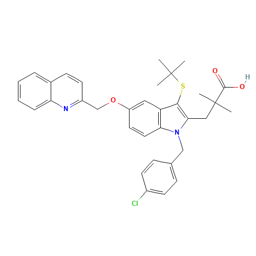 3-[3-tert-butylsulfanyl-1-[(4-chlorophenyl)methyl]-5-(quinolin-2-ylmethoxy)indol-2-yl]-2,2-dimethylpropanoic acid (CAS: 136668-42-3) - Related Chemical Product