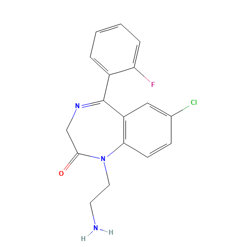 1-(2-aminoethyl)-7-chloro-5-(2-fluorophenyl)-3H-1,4-benzodiazepin-2-one (CAS: 17617-59-3) - Chemical Structure and Molecular Formula 