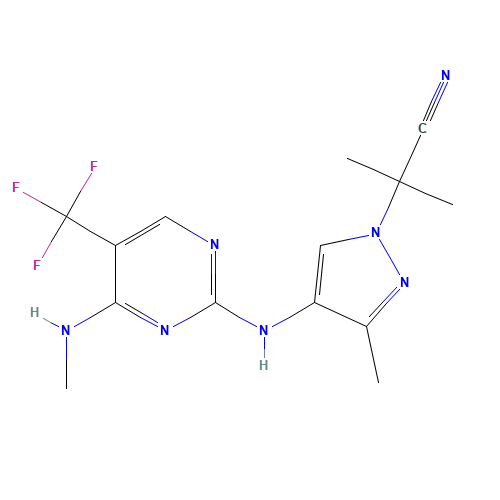 2-methyl-2-[3-methyl-4-[[4-(methylamino)-5-(trifluoromethyl)pyrimidin-2-yl]amino]pyrazol-1-yl]propanenitrile (CAS: 1374828-69-9) - Chemical Structure and Molecular Formula 