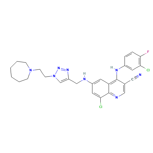 6-[[1-[2-(azepan-1-yl)ethyl]triazol-4-yl]methylamino]-8-chloro-4-(3-chloro-4-fluoroanilino)quinoline-3-carbonitrile (CAS: 915365-57-0) - Related Chemical Product