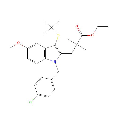 ethyl 3-[3-tert-butylsulfanyl-1-[(4-chlorophenyl)methyl]-5-methoxyindol-2-yl]-2,2-dimethylpropanoate (CAS: 154325-76-5) - Chemical Structure and Molecular Formula 