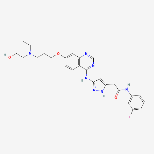 2-[3-[[7-[3-[ethyl(2-hydroxyethyl)amino]propoxy]quinazolin-4-yl]amino]-1H-pyrazol-5-yl]-N-(3-fluorophenyl)acetamide (CAS: 722544-51-6) - Chemical Structure and Molecular Formula 