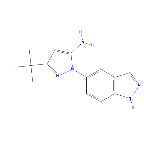 5-tert-butyl-2-(1H-indazol-5-yl)pyrazol-3-amine (CAS: 897374-22-0) - Chemical Structure and Molecular Formula 
