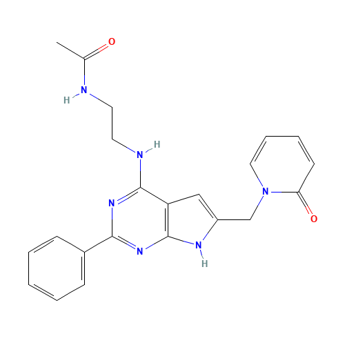N-[2-[[6-[(2-oxopyridin-1-yl)methyl]-2-phenyl-7H-pyrrolo[2,3-d]pyrimidin-4-yl]amino]ethyl]acetamide (CAS: 343632-00-8) - Chemical Structure and Molecular Formula 