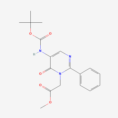 methyl 2-[5-[(2-methylpropan-2-yl)oxycarbonylamino]-6-oxo-2-phenylpyrimidin-1-yl]acetate (CAS: 356533-99-8) - Chemical Structure and Molecular Formula 