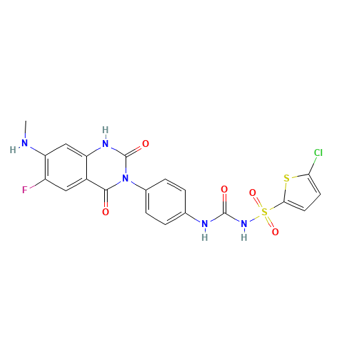 1-(5-chlorothiophen-2-yl)sulfonyl-3-[4-[6-fluoro-7-(methylamino)-2,4-dioxo-1H-quinazolin-3-yl]phenyl]urea (CAS: 936500-94-6) - Chemical Structure and Molecular Formula 