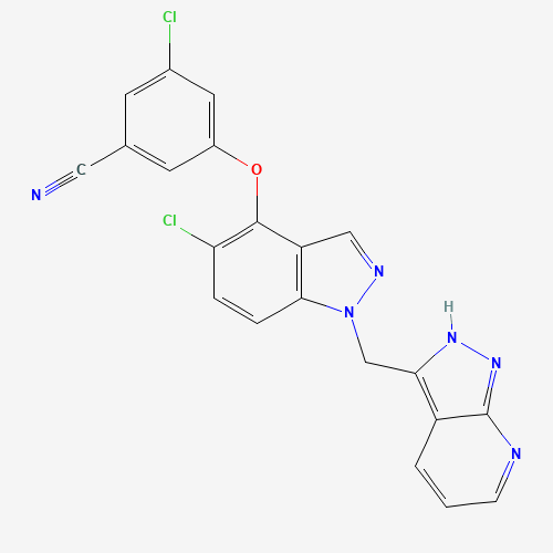 3-chloro-5-[5-chloro-1-(2H-pyrazolo[3,4-b]pyridin-3-ylmethyl)indazol-4-yl]oxybenzonitrile (CAS: 1034474-19-5) - Chemical Structure and Molecular Formula 