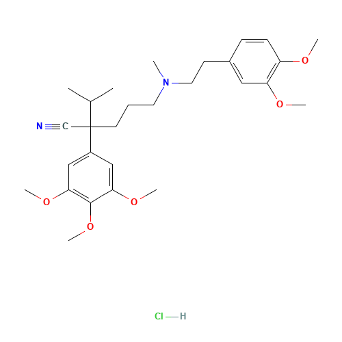 5-[2-(3,4-dimethoxyphenyl)ethyl-methylamino]-2-propan-2-yl-2-(3,4,5-trimethoxyphenyl)pentanenitrile;hydrochloride (CAS: 16662-46-7) - Chemical Structure and Molecular Formula 