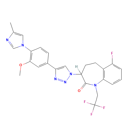 6-fluoro-3-[4-[3-methoxy-4-(4-methylimidazol-1-yl)phenyl]triazol-1-yl]-1-(2,2,2-trifluoroethyl)-4,5-dihydro-3H-1-benzazepin-2-one (CAS: 1093978-89-2) - Chemical Structure and Molecular Formula 
