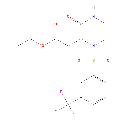 ethyl 2-[3-oxo-1-[3-(trifluoromethyl)phenyl]sulfonylpiperazin-2-yl]acetate (CAS: 318469-57-7) - Chemical Structure and Molecular Formula 