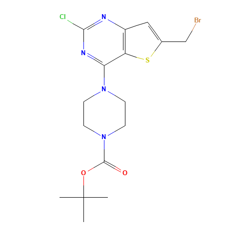 tert-butyl 4-[6-(bromomethyl)-2-chlorothieno[3,2-d]pyrimidin-4-yl]piperazine-1-carboxylate (CAS: 1235451-27-0) - Chemical Structure and Molecular Formula 