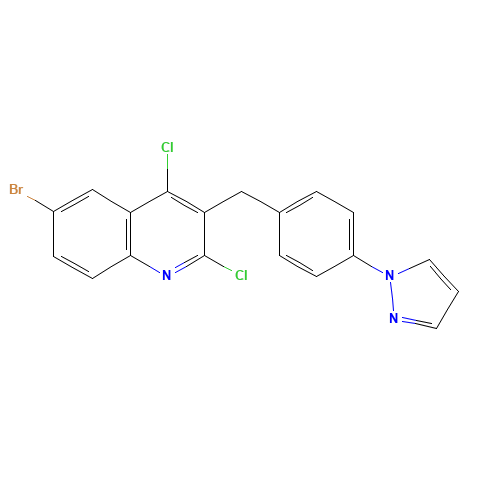 6-bromo-2,4-dichloro-3-[(4-pyrazol-1-ylphenyl)methyl]quinoline (CAS: 1599528-98-9) - Chemical Structure and Molecular Formula 