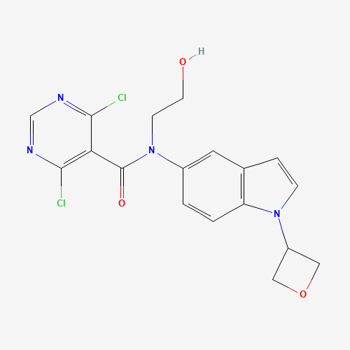 4,6-dichloro-N-(2-hydroxyethyl)-N-[1-(oxetan-3-yl)indol-5-yl]pyrimidine-5-carboxamide (CAS: 1610800-60-6) - Chemical Structure and Molecular Formula 