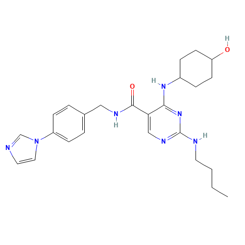 2-(butylamino)-4-[(4-hydroxycyclohexyl)amino]-N-[(4-imidazol-1-ylphenyl)methyl]pyrimidine-5-carboxamide (CAS: 1493764-08-1) - Chemical Structure and Molecular Formula 