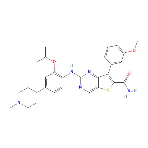 7-(3-methoxyphenyl)-2-[4-(1-methylpiperidin-4-yl)-2-propan-2-yloxyanilino]thieno[3,2-d]pyrimidine-6-carboxamide (CAS: 1462947-73-4) - Related Chemical Product