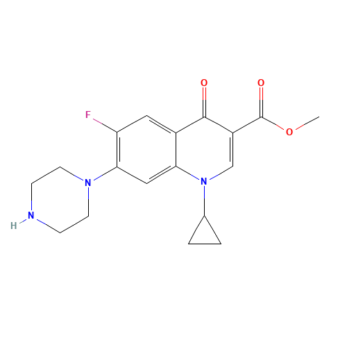 methyl 1-cyclopropyl-6-fluoro-4-oxo-7-piperazin-1-ylquinoline-3-carboxylate (CAS: 107884-23-1) - Chemical Structure and Molecular Formula 