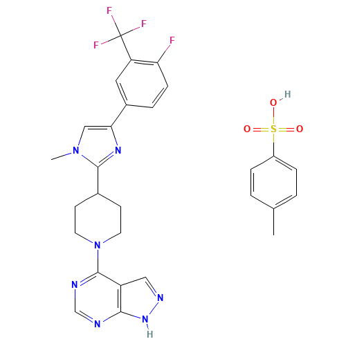 4-[4-[4-[4-fluoro-3-(trifluoromethyl)phenyl]-1-methylimidazol-2-yl]piperidin-1-yl]-1H-pyrazolo[3,4-d]pyrimidine;4-methylbenzenesulfonic acid (CAS: 1082949-68-5) - Chemical Structure and Molecular Formula 