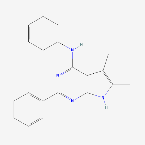 N-cyclohex-3-en-1-yl-5,6-dimethyl-2-phenyl-7H-pyrrolo[2,3-d]pyrimidin-4-amine (CAS: 251946-19-7) - Chemical Structure and Molecular Formula 