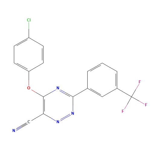 5-(4-chlorophenoxy)-3-[3-(trifluoromethyl)phenyl]-1,2,4-triazine-6-carbonitrile (CAS: 921620-32-8) - Chemical Structure and Molecular Formula 