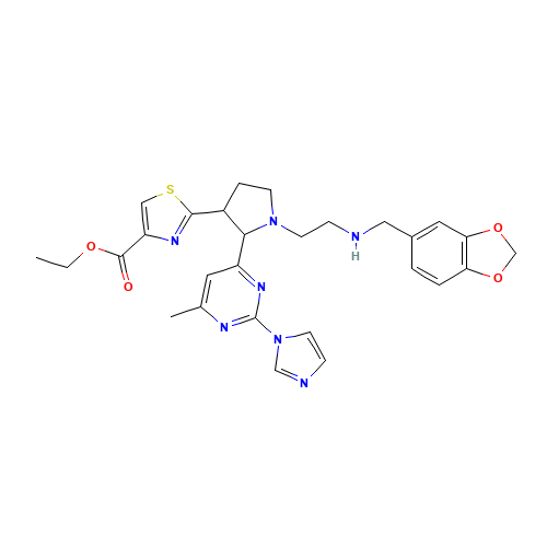 ethyl 2-[1-[2-(1,3-benzodioxol-5-ylmethylamino)ethyl]-2-(2-imidazol-1-yl-6-methylpyrimidin-4-yl)pyrrolidin-3-yl]-1,3-thiazole-4-carboxylate (CAS: 888313-42-6) - Related Chemical Product