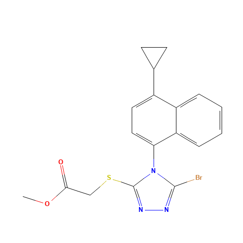 methyl 2-[[5-bromo-4-(4-cyclopropylnaphthalen-1-yl)-1,2,4-triazol-3-yl]sulfanyl]acetate (CAS: 878671-99-9) - Related Chemical Product