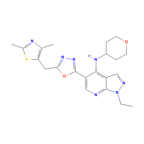 5-[5-[(2,4-dimethyl-1,3-thiazol-5-yl)methyl]-1,3,4-oxadiazol-2-yl]-1-ethyl-N-(oxan-4-yl)pyrazolo[3,4-b]pyridin-4-amine (CAS: 720704-34-7) - Related Chemical Product