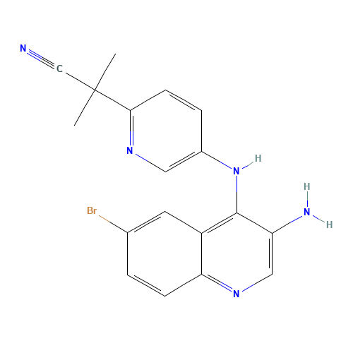 2-[5-[(3-amino-6-bromoquinolin-4-yl)amino]pyridin-2-yl]-2-methylpropanenitrile (CAS: 1370616-09-3) - Chemical Structure and Molecular Formula 