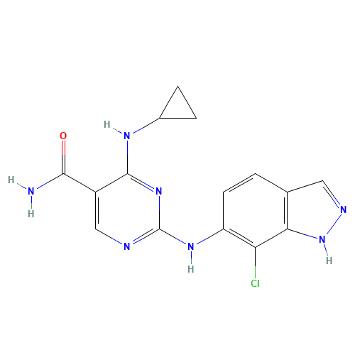 2-[(7-chloro-1H-indazol-6-yl)amino]-4-(cyclopropylamino)pyrimidine-5-carboxamide (CAS: 1198302-93-0) - Chemical Structure and Molecular Formula 