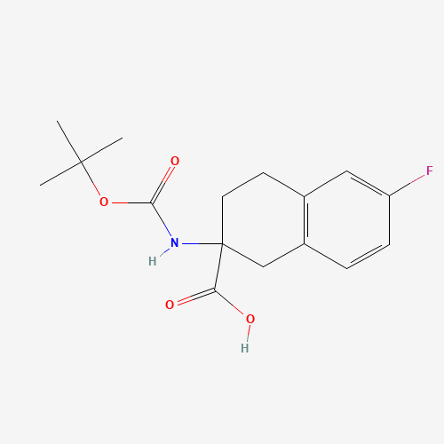 6-fluoro-2-[(2-methylpropan-2-yl)oxycarbonylamino]-3,4-dihydro-1H-naphthalene-2-carboxylic acid (CAS: 885274-13-5) - Chemical Structure and Molecular Formula 