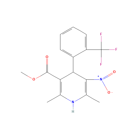 methyl 2,6-dimethyl-5-nitro-4-[2-(trifluoromethyl)phenyl]-1,4-dihydropyridine-3-carboxylate (CAS: 71145-03-4) - Chemical Structure and Molecular Formula 