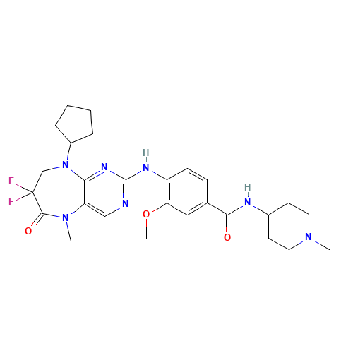 4-[(9-cyclopentyl-7,7-difluoro-5-methyl-6-oxo-8H-pyrimido[4,5-b][1,4]diazepin-2-yl)amino]-3-methoxy-N-(1-methylpiperidin-4-yl)benzamide (CAS: 1062243-51-9) - Chemical Structure and Molecular Formula 