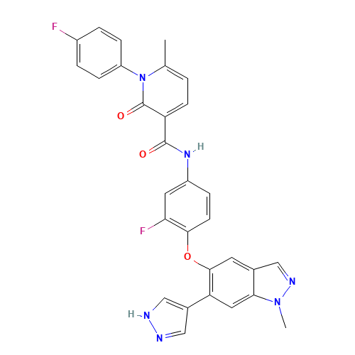 N-[3-fluoro-4-[1-methyl-6-(1H-pyrazol-4-yl)indazol-5-yl]oxyphenyl]-1-(4-fluorophenyl)-6-methyl-2-oxopyridine-3-carboxamide (CAS: 1206799-15-6) - Related Chemical Product