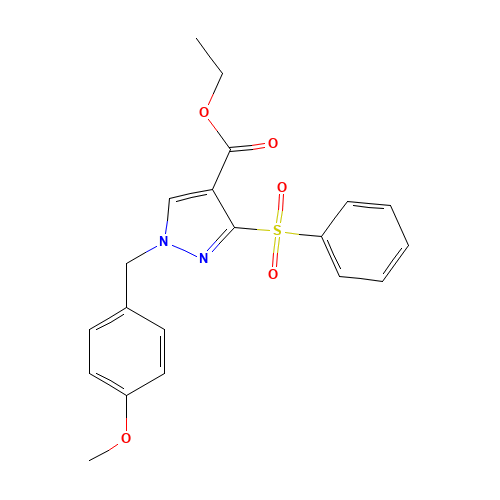 ethyl 3-(benzenesulfonyl)-1-[(4-methoxyphenyl)methyl]pyrazole-4-carboxylate (CAS: 1235314-02-9) - Chemical Structure and Molecular Formula 