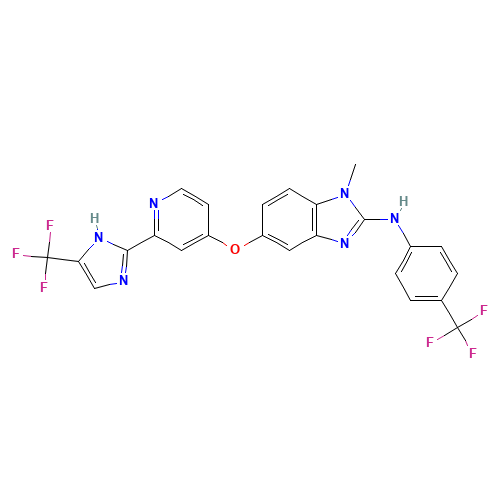 1-methyl-5-[2-[5-(trifluoromethyl)-1H-imidazol-2-yl]pyridin-4-yl]oxy-N-[4-(trifluoromethyl)phenyl]benzimidazol-2-amine (CAS: 927880-90-8) - Chemical Structure and Molecular Formula 