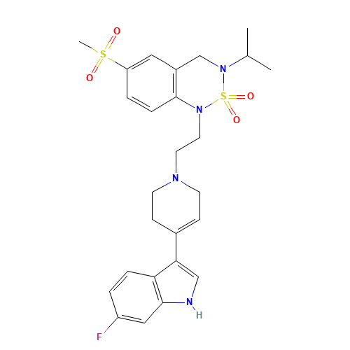 1-[2-[4-(6-fluoro-1H-indol-3-yl)-3,6-dihydro-2H-pyridin-1-yl]ethyl]-6-methylsulfonyl-3-propan-2-yl-4H-2$l^{6},1,3-benzothiadiazine 2,2-dioxide (CAS: 271780-64-4) - Related Chemical Product