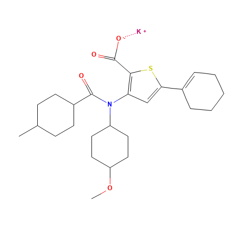 potassium;5-(cyclohexen-1-yl)-3-[(4-methoxycyclohexyl)-(4-methylcyclohexanecarbonyl)amino]thiophene-2-carboxylate (CAS: 1200133-34-1) - Chemical Structure and Molecular Formula 