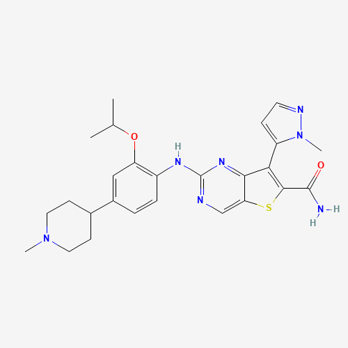 2-[4-(1-methylpiperidin-4-yl)-2-propan-2-yloxyanilino]-7-(2-methylpyrazol-3-yl)thieno[3,2-d]pyrimidine-6-carboxamide (CAS: 1462947-71-2) - Chemical Structure and Molecular Formula 