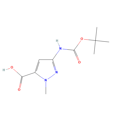 2-methyl-5-[(2-methylpropan-2-yl)oxycarbonylamino]pyrazole-3-carboxylic acid (CAS: 128883-83-0) - Chemical Structure and Molecular Formula 