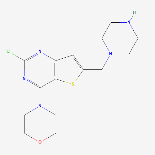 4-[2-chloro-6-(piperazin-1-ylmethyl)thieno[3,2-d]pyrimidin-4-yl]morpholine (CAS: 885699-78-5) - Chemical Structure and Molecular Formula 