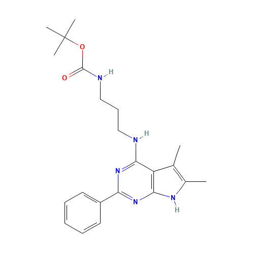 tert-butyl N-[3-[(5,6-dimethyl-2-phenyl-7H-pyrrolo[2,3-d]pyrimidin-4-yl)amino]propyl]carbamate (CAS: 443118-36-3) - Chemical Structure and Molecular Formula 