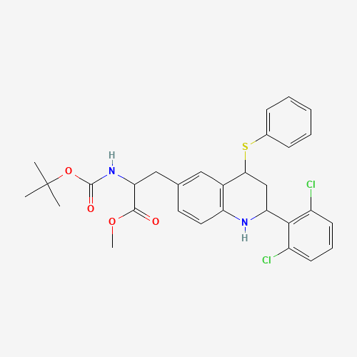 methyl 3-[2-(2,6-dichlorophenyl)-4-phenylsulfanyl-1,2,3,4-tetrahydroquinolin-6-yl]-2-[(2-methylpropan-2-yl)oxycarbonylamino]propanoate (CAS: 623144-12-7) - Chemical Structure and Molecular Formula 