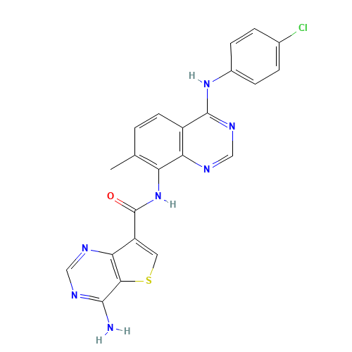 4-amino-N-[4-(4-chloroanilino)-7-methylquinazolin-8-yl]thieno[3,2-d]pyrimidine-7-carboxamide (CAS: 1446111-75-6) - Chemical Structure and Molecular Formula 